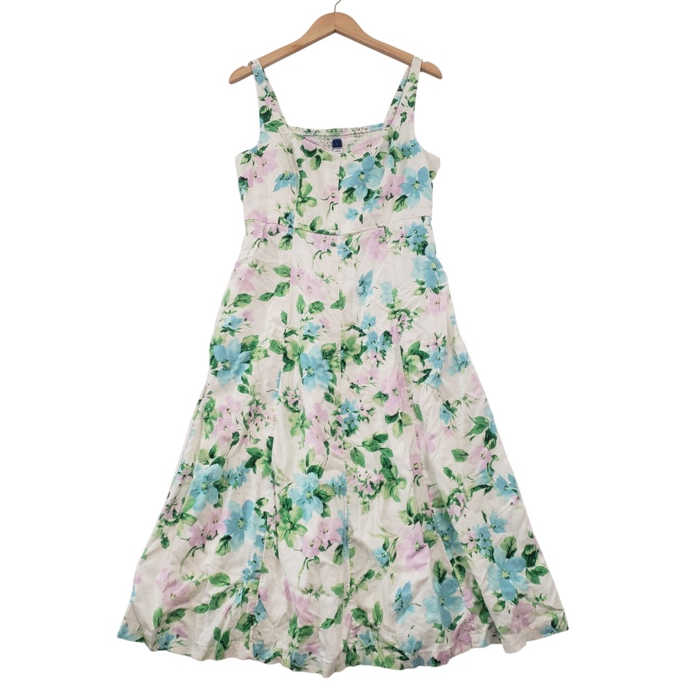Old Navy Fit & Flare Midi Dress Large Floral Smocked Pockets Cottagecore Casual